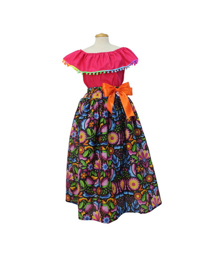 SET FALDA ADELITA COLORES BLUSA CAMPESINA ROSA POMPON ARCOIRIS