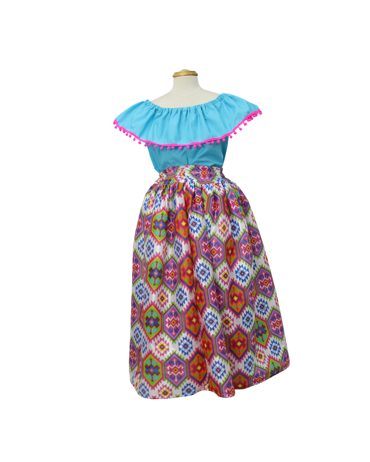 SET FALDA ADELITA COLORES BLUSA CAMPESINA AZUL POMPON ROSA