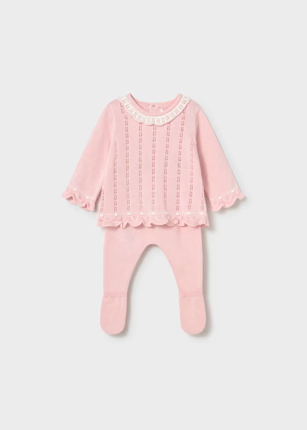 Conjunto polaina y jersey tricot  rosa cuarzo recién nacida