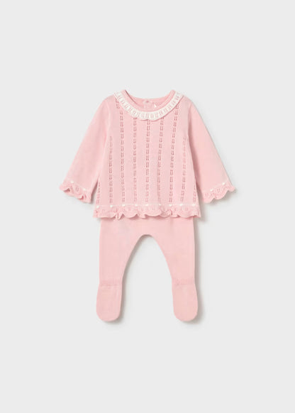 Conjunto polaina y jersey tricot  rosa cuarzo recién nacida