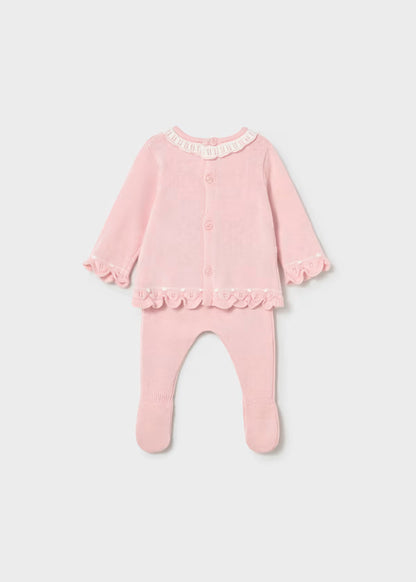 Conjunto polaina y jersey tricot  rosa cuarzo recién nacida