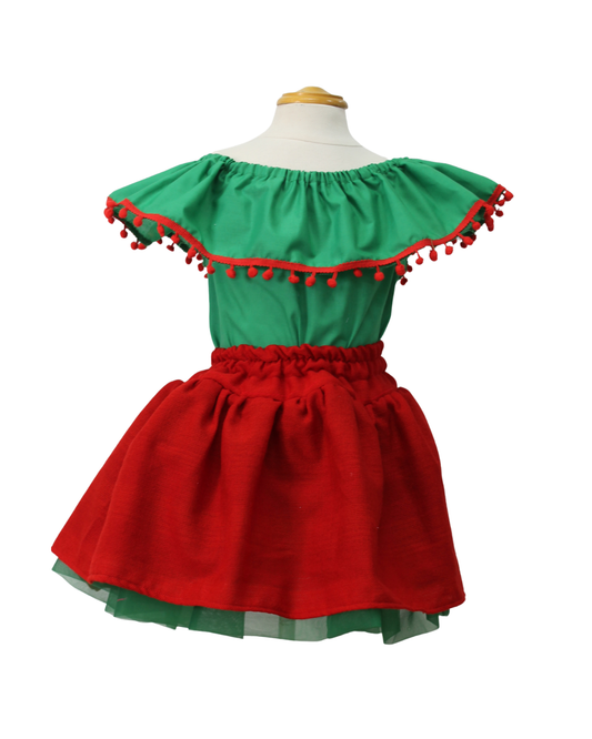 SET PATRIO TUTU CON BLUSA CAMPESINA VERDE POMPON ROJO, FALDA ROJA CAMBAYA
