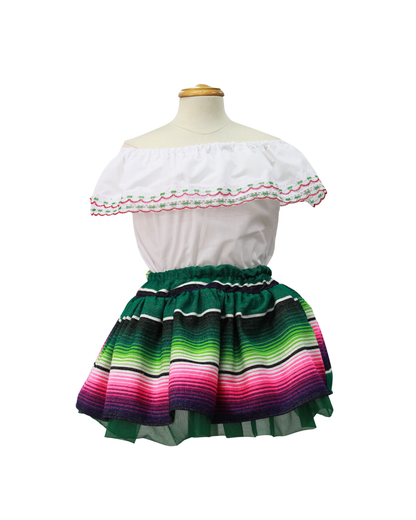 SET PATRIO TUTU CON BLUSA CAMPESINA BLANCA TRICOLOR, FALDA RAYAS