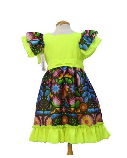 VESTIDO ADELITA TIPICO PATRIO ELEGANTE PETO AMARILLO NEON  FALDA FLORES NEGRAS