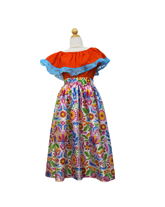 SET FALDA ADELITA FLORES BLUSA CAMPESINA NARANJA ENCAJE AZUL