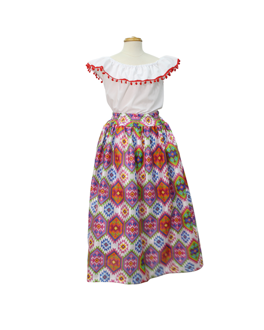 SET FALDA ADELITA COLORES BLUSA CAMPESINA BLANCA POMPON ROJO