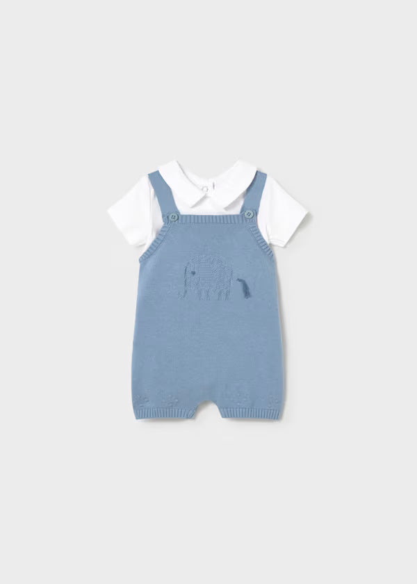 Conjunto peto azul tricot y playera para recién nacido