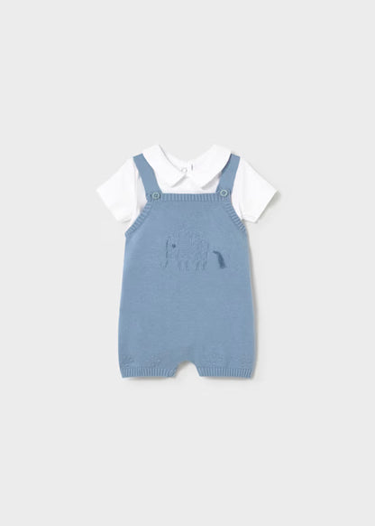 Conjunto peto azul tricot y playera para recién nacido