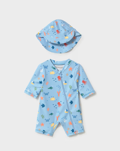 Pelele baño con gorro protección solar recién nacido