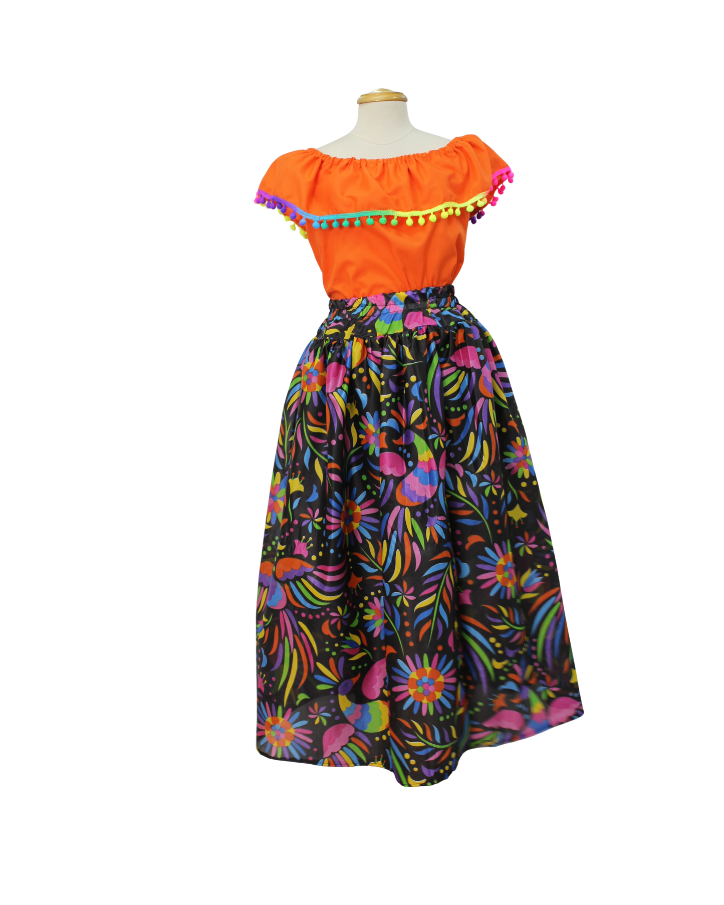 SET FALDA ADELITA COLORES BLUSA CAMPESINA NARANJA POMPON ARCOIRIS