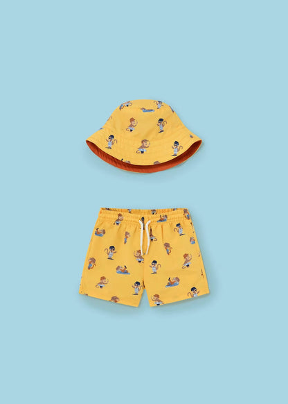 set short traje de baño con bucket hat color banana, para niño bebe