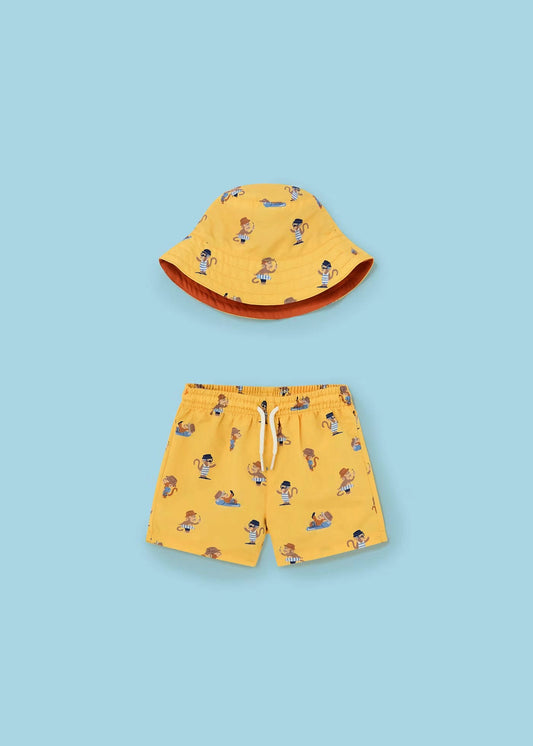 set short traje de baño con bucket hat color banana, para niño bebe