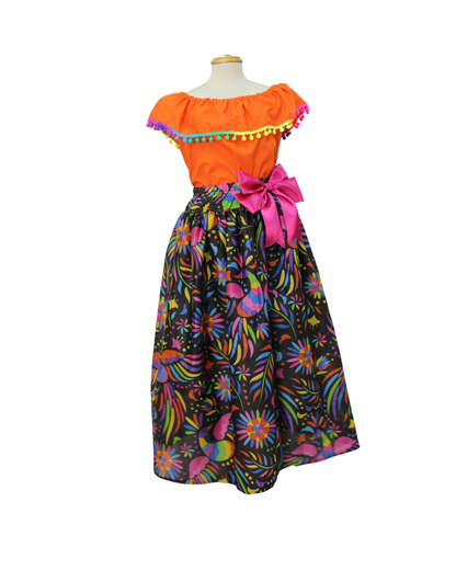 SET FALDA ADELITA COLORES BLUSA CAMPESINA NARANJA POMPON ARCOIRIS