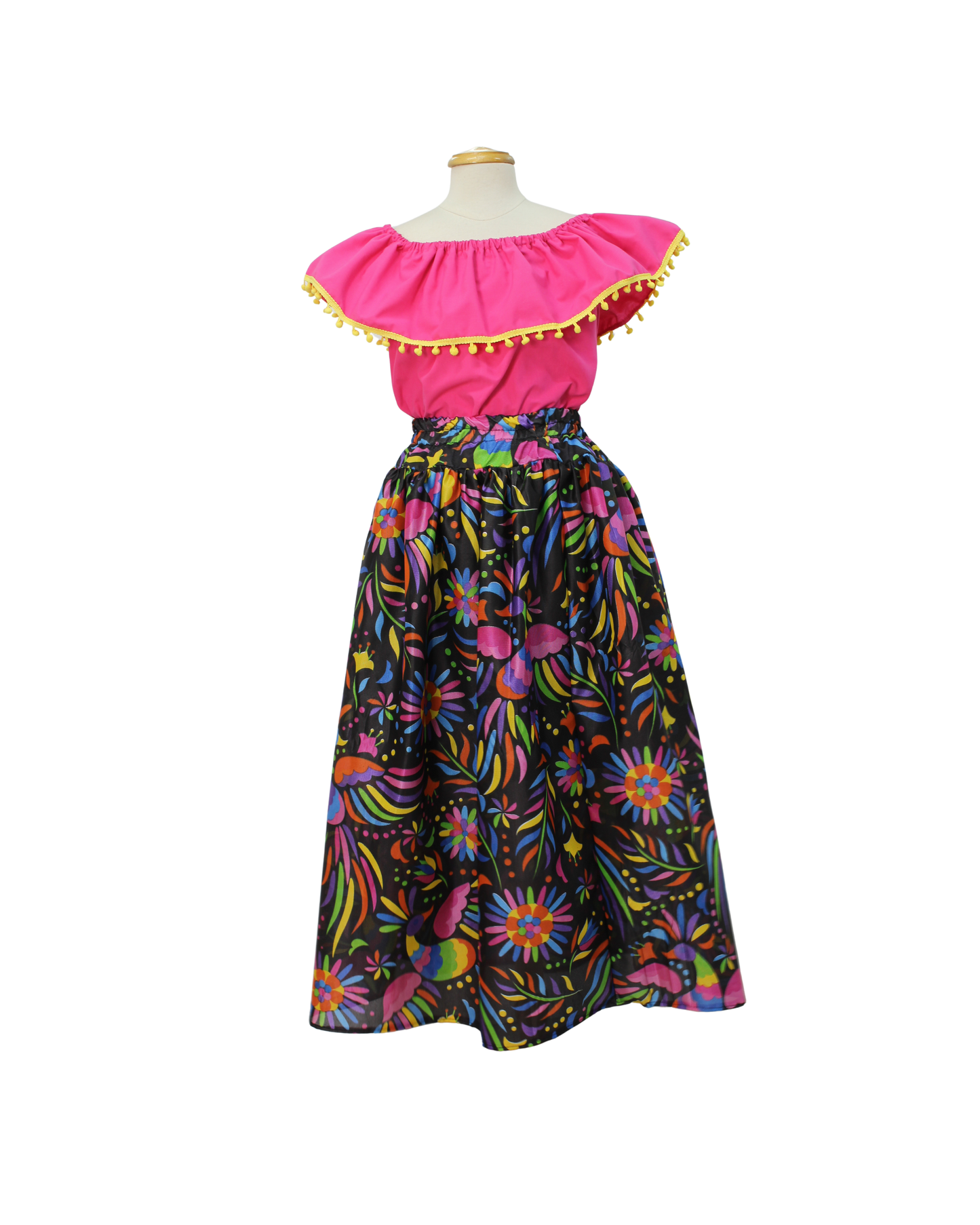 SET FALDA ADELITA COLORES BLUSA CAMPESINA ROSA POMPON AMARILLO