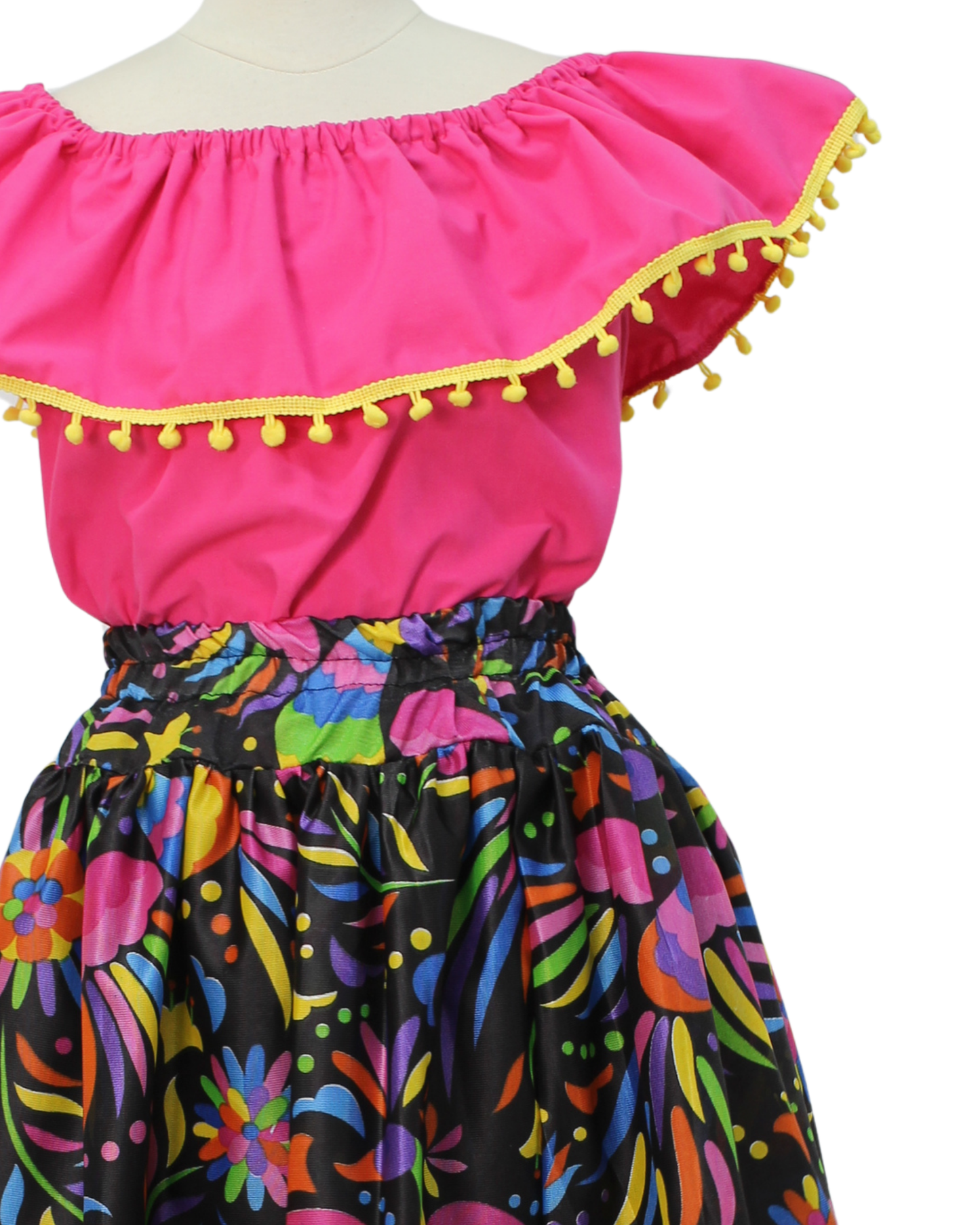 SET FALDA ADELITA COLORES BLUSA CAMPESINA ROSA POMPON AMARILLO