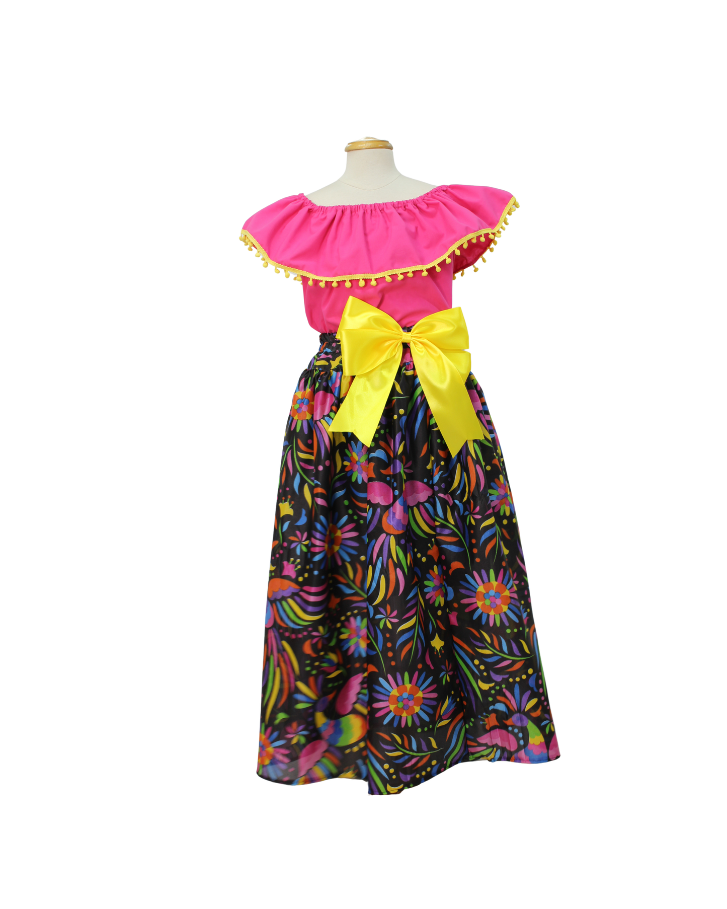 SET FALDA ADELITA COLORES BLUSA CAMPESINA ROSA POMPON AMARILLO