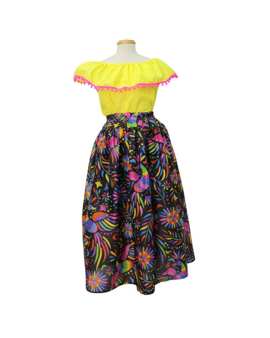 SET FALDA ADELITA COLORES BLUSA CAMPESINA AMARILLA POMPON ROSA