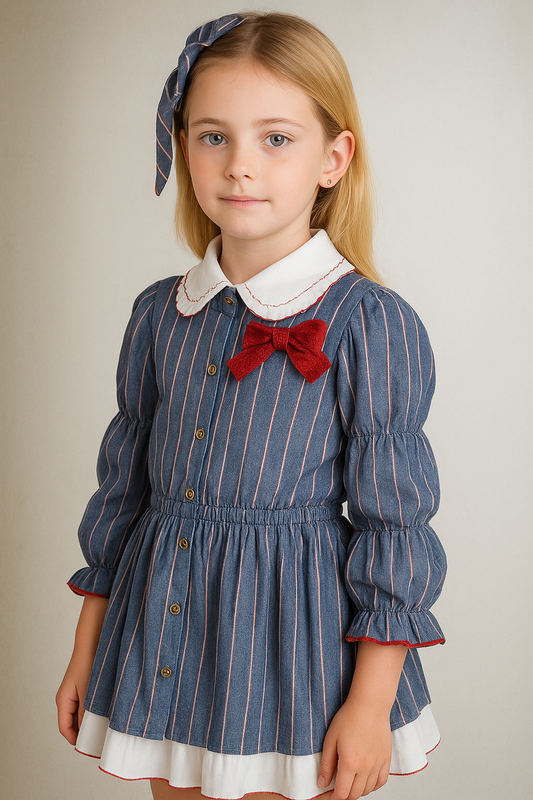 Vestido rayas azul blanco manga bombacha, diseño español