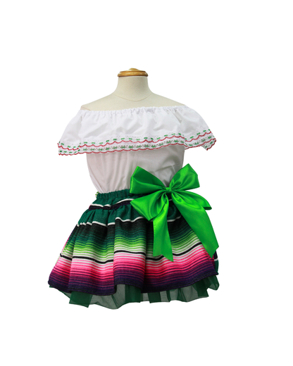 SET PATRIO TUTU CON BLUSA CAMPESINA BLANCA TRICOLOR, FALDA RAYAS