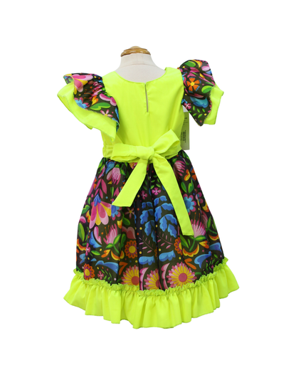 VESTIDO ADELITA TIPICO PATRIO ELEGANTE PETO AMARILLO NEON  FALDA FLORES NEGRAS