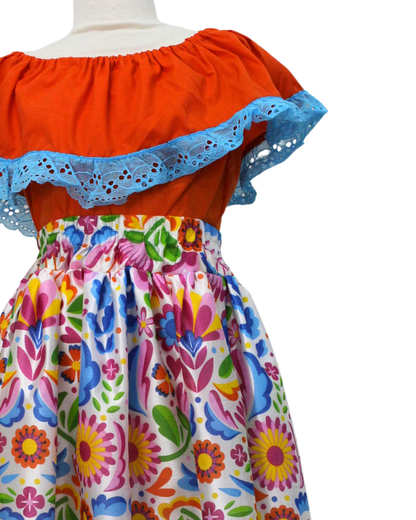 SET FALDA ADELITA FLORES BLUSA CAMPESINA NARANJA ENCAJE AZUL