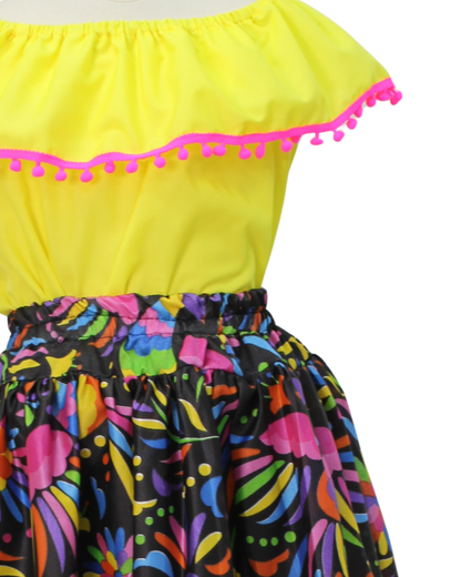 SET FALDA ADELITA COLORES BLUSA CAMPESINA AMARILLA POMPON ROSA
