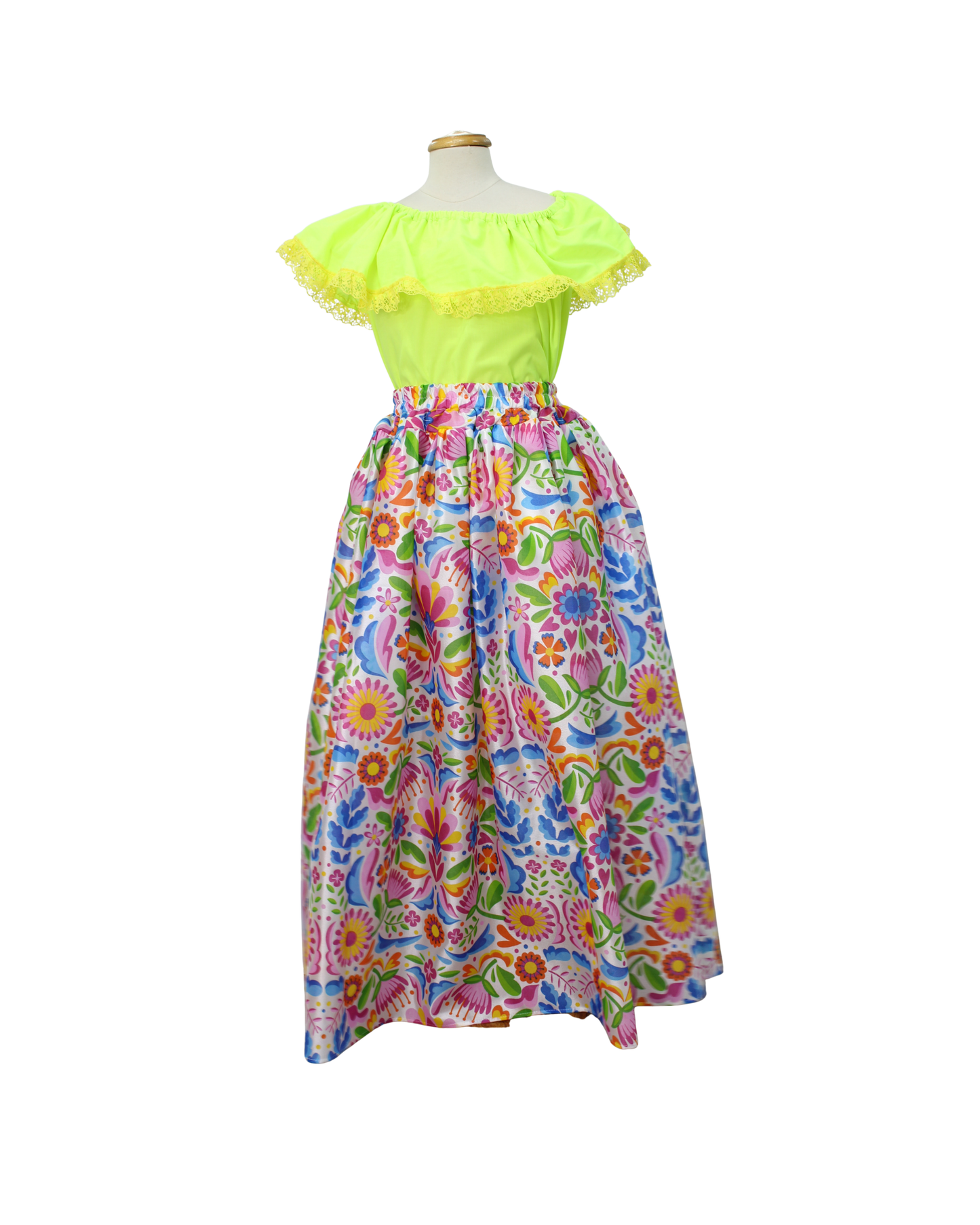 SET FALDA ADELITA FLORES BLUSA CAMPESINA VERDE NEON ENCAJE AMARILLO