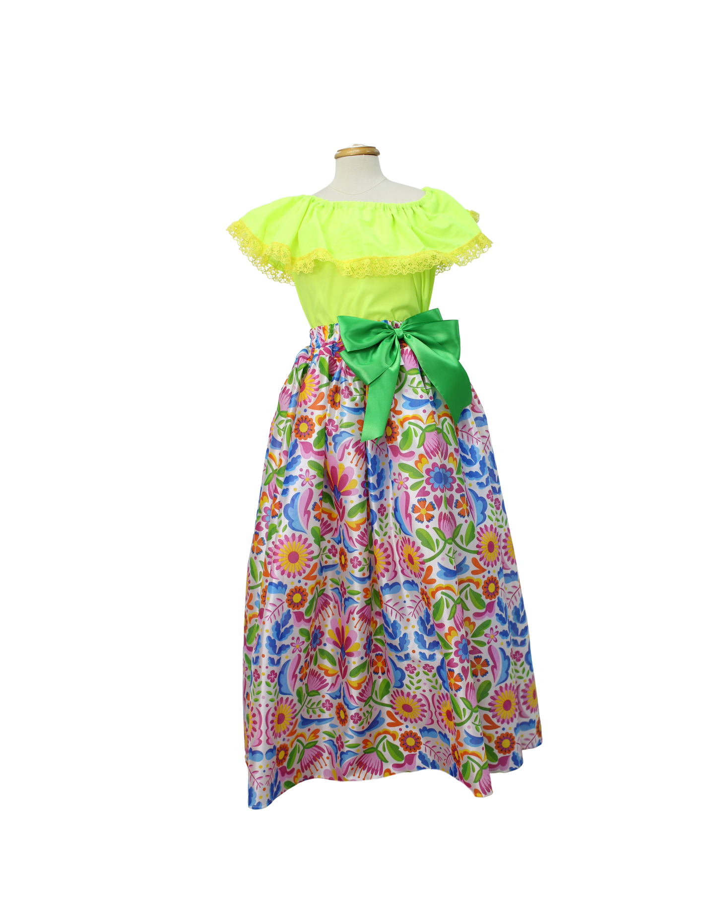 SET FALDA ADELITA FLORES BLUSA CAMPESINA VERDE NEON ENCAJE AMARILLO