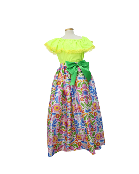 SET FALDA ADELITA FLORES BLUSA CAMPESINA VERDE NEON ENCAJE AMARILLO