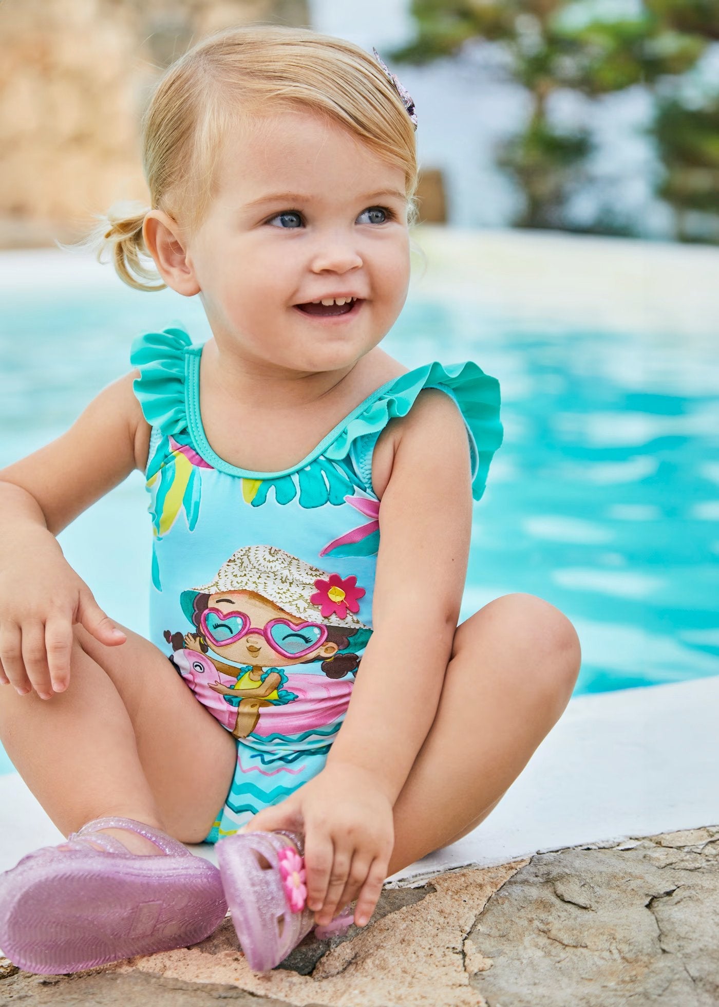 traje de baño azul agua, print playa. bebe niña