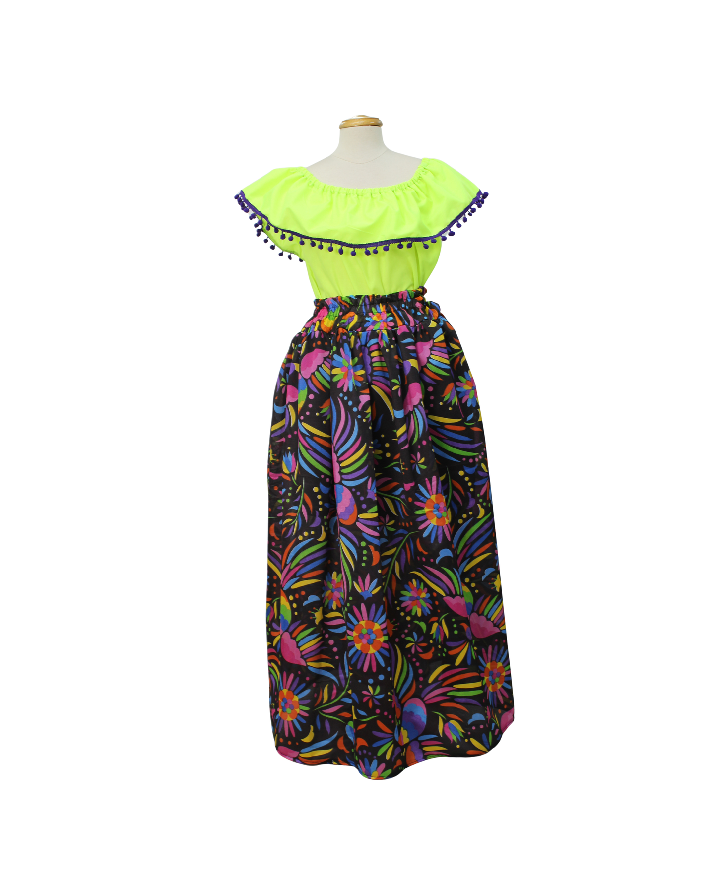 SET FALDA ADELITA FLORES BLUSA CAMPESINA AMARILLO POMPON MORADO