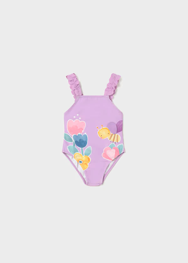 Bañador lilac con gráficas flores y abeja