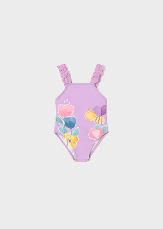 Bañador lilac con gráficas flores y abeja
