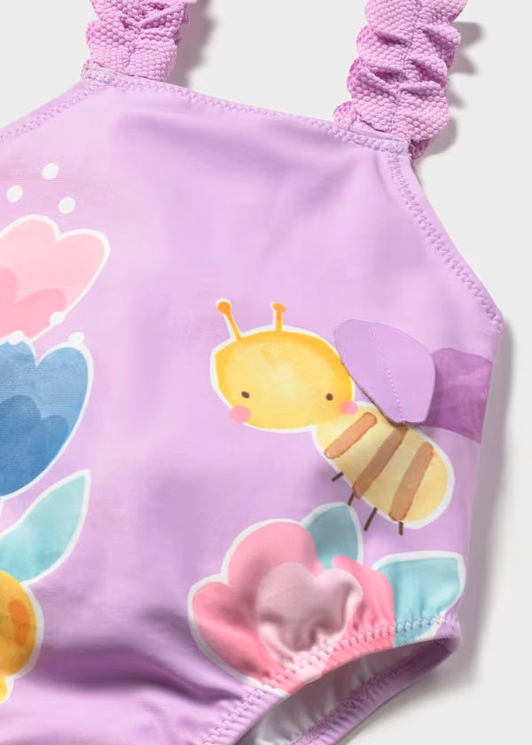 Bañador lilac con gráficas flores y abeja