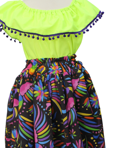 SET FALDA ADELITA FLORES BLUSA CAMPESINA AMARILLO POMPON MORADO