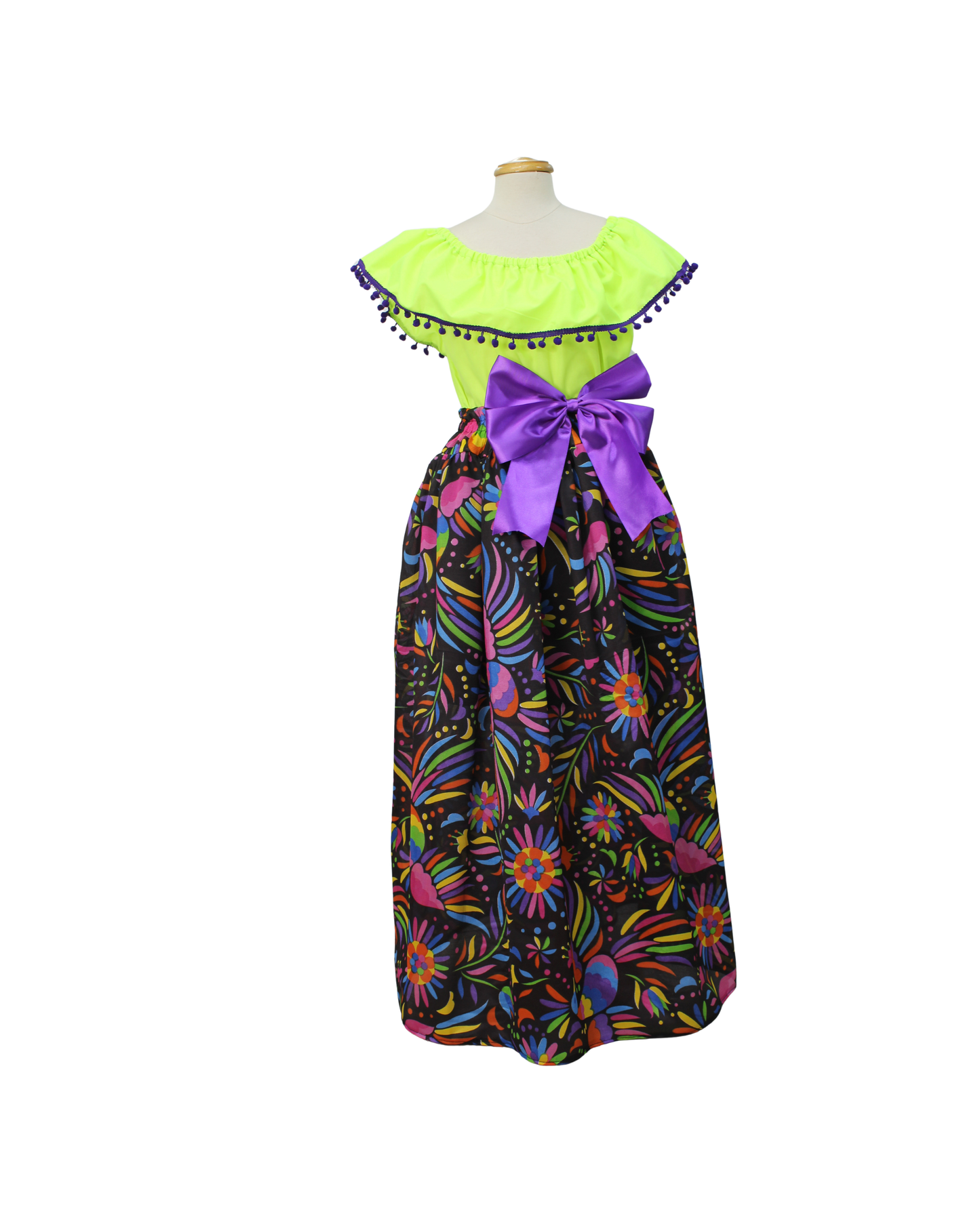 SET FALDA ADELITA FLORES BLUSA CAMPESINA AMARILLO POMPON MORADO