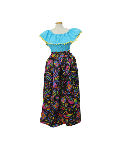 SET FALDA ADELITA FLORES BLUSA CAMPESINA AZUL POMPON AMARILLO