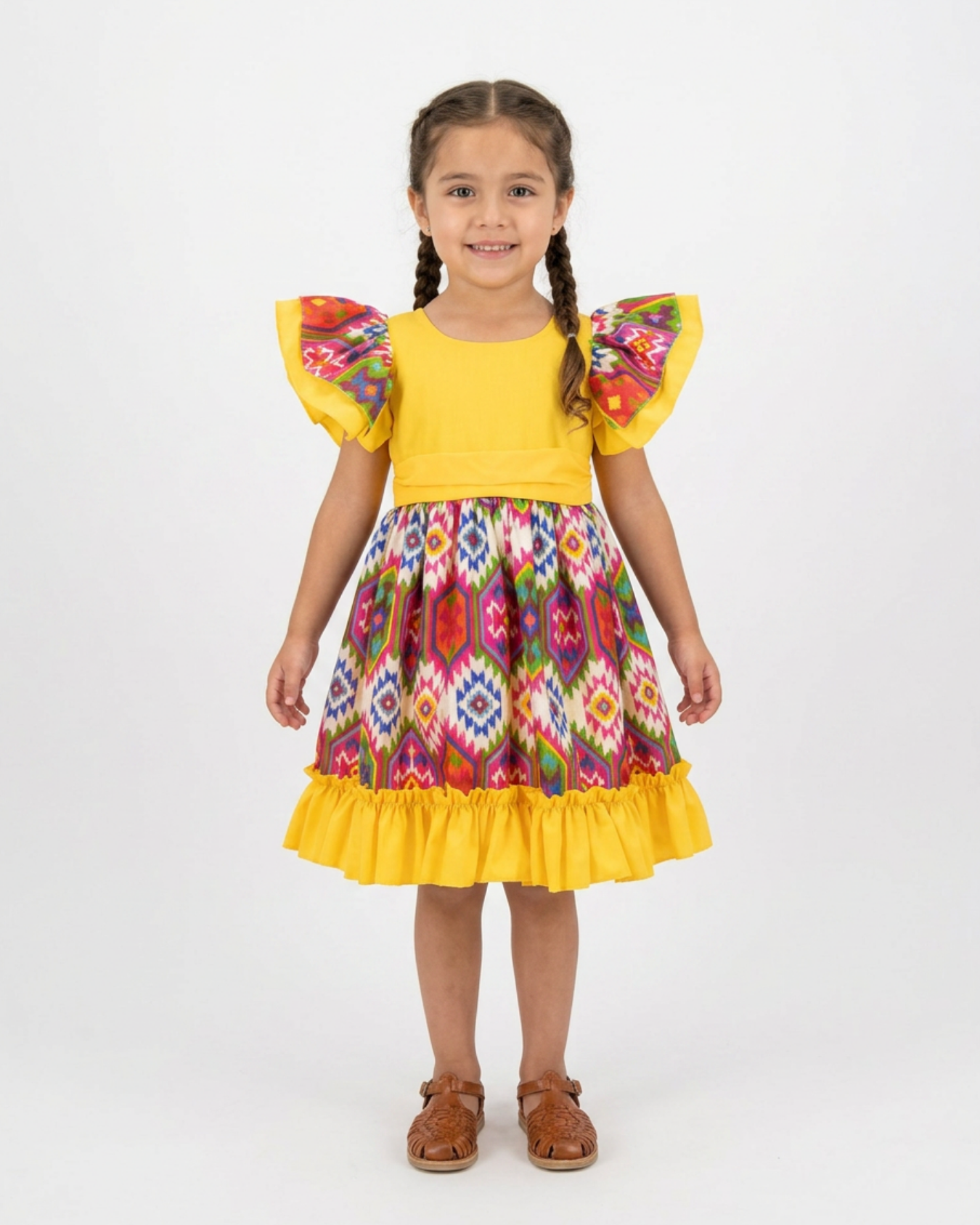 VESTIDO ADELITA TIPICO PATRIO ELEGANTE PETO MOSTAZA  FALDA GEOMETRIA BLANCA