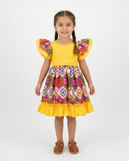 VESTIDO ADELITA TIPICO PATRIO ELEGANTE PETO MOSTAZA  FALDA GEOMETRIA BLANCA