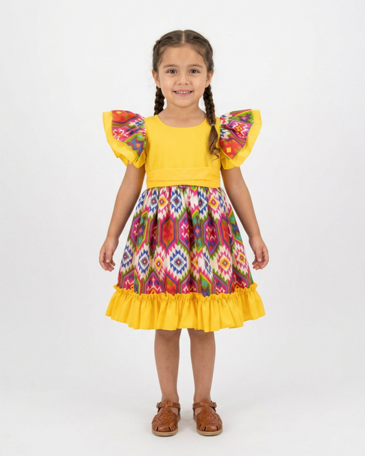 VESTIDO ADELITA TIPICO PATRIO ELEGANTE PETO MOSTAZA  FALDA GEOMETRIA BLANCA