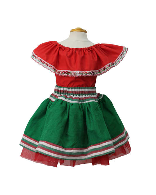 SET PATRIO TUTU CON BLUSA CAMPESINA ROJA, ENCAJE TRICOLOR, FALDA VERDE CAMBAYA