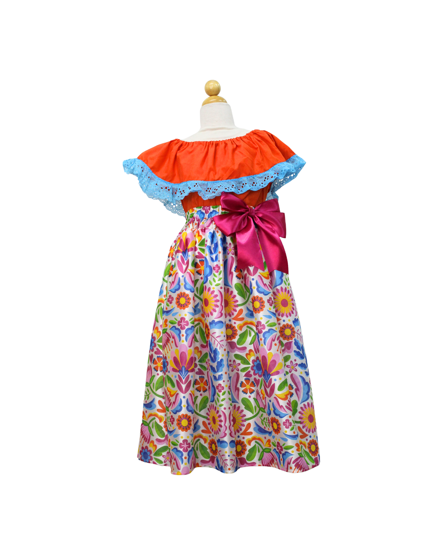 SET FALDA ADELITA FLORES BLUSA CAMPESINA NARANJA ENCAJE AZUL