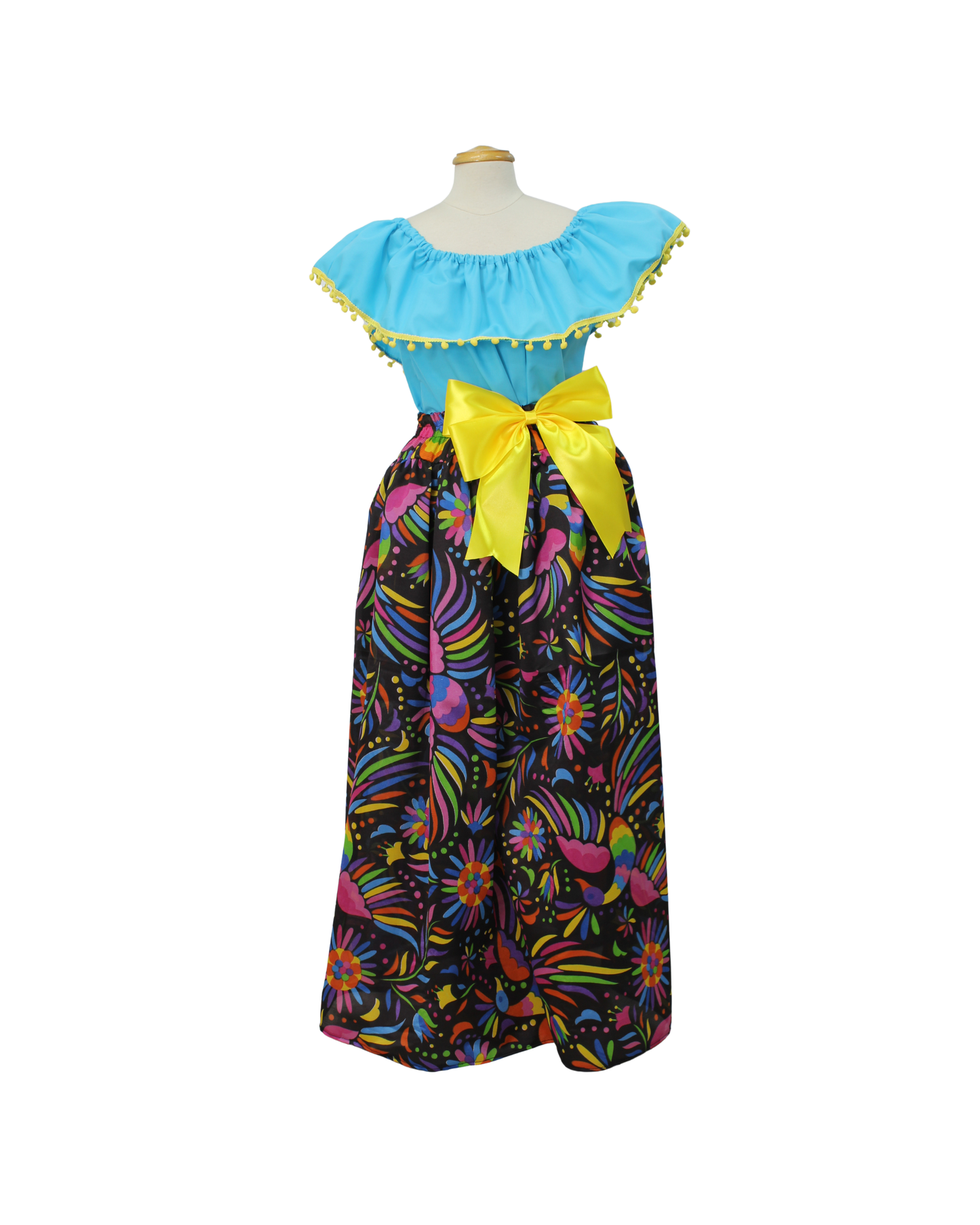 SET FALDA ADELITA FLORES BLUSA CAMPESINA AZUL POMPON AMARILLO