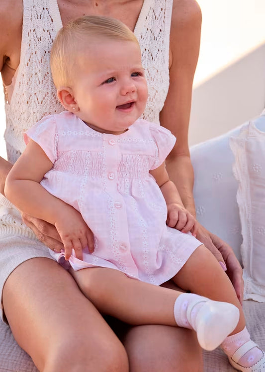 Vestido gasa rosa baby, con cubrepañal, recién nacida