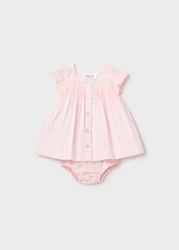 Vestido gasa rosa baby, con cubrepañal, recién nacida