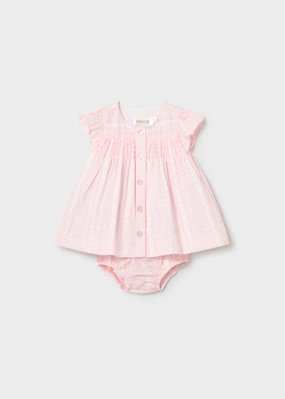 Vestido gasa rosa baby, con cubrepañal, recién nacida