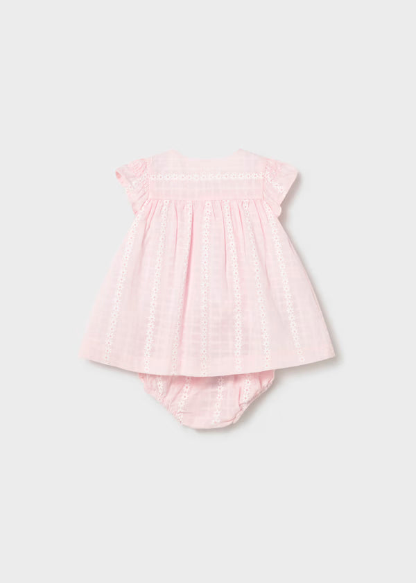 Vestido gasa rosa baby, con cubrepañal, recién nacida