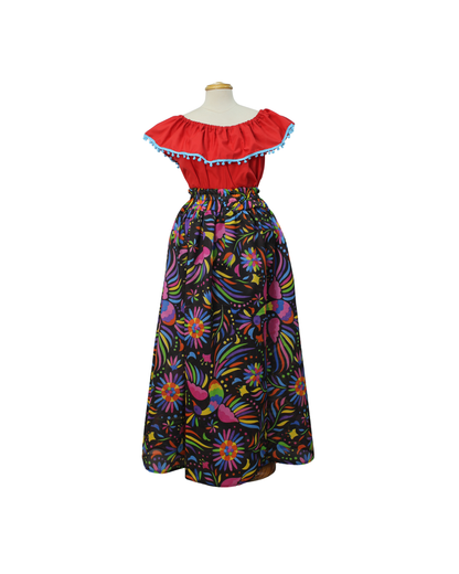 SET FALDA ADELITA FLORES BLUSA CAMPESINA ROJO POMPON AZUL