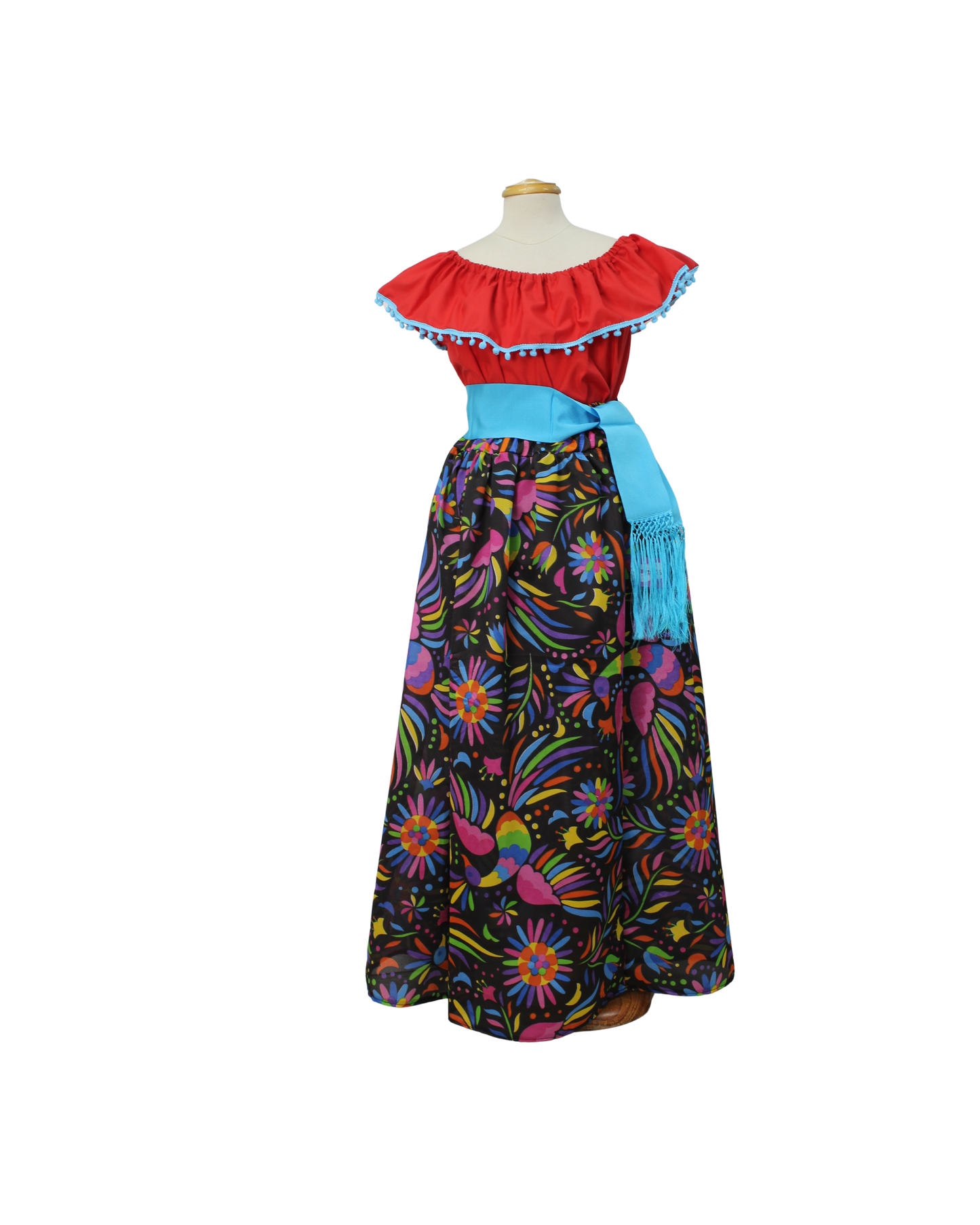 SET FALDA ADELITA FLORES BLUSA CAMPESINA ROJO POMPON AZUL