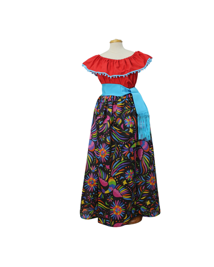 SET FALDA ADELITA FLORES BLUSA CAMPESINA ROJO POMPON AZUL